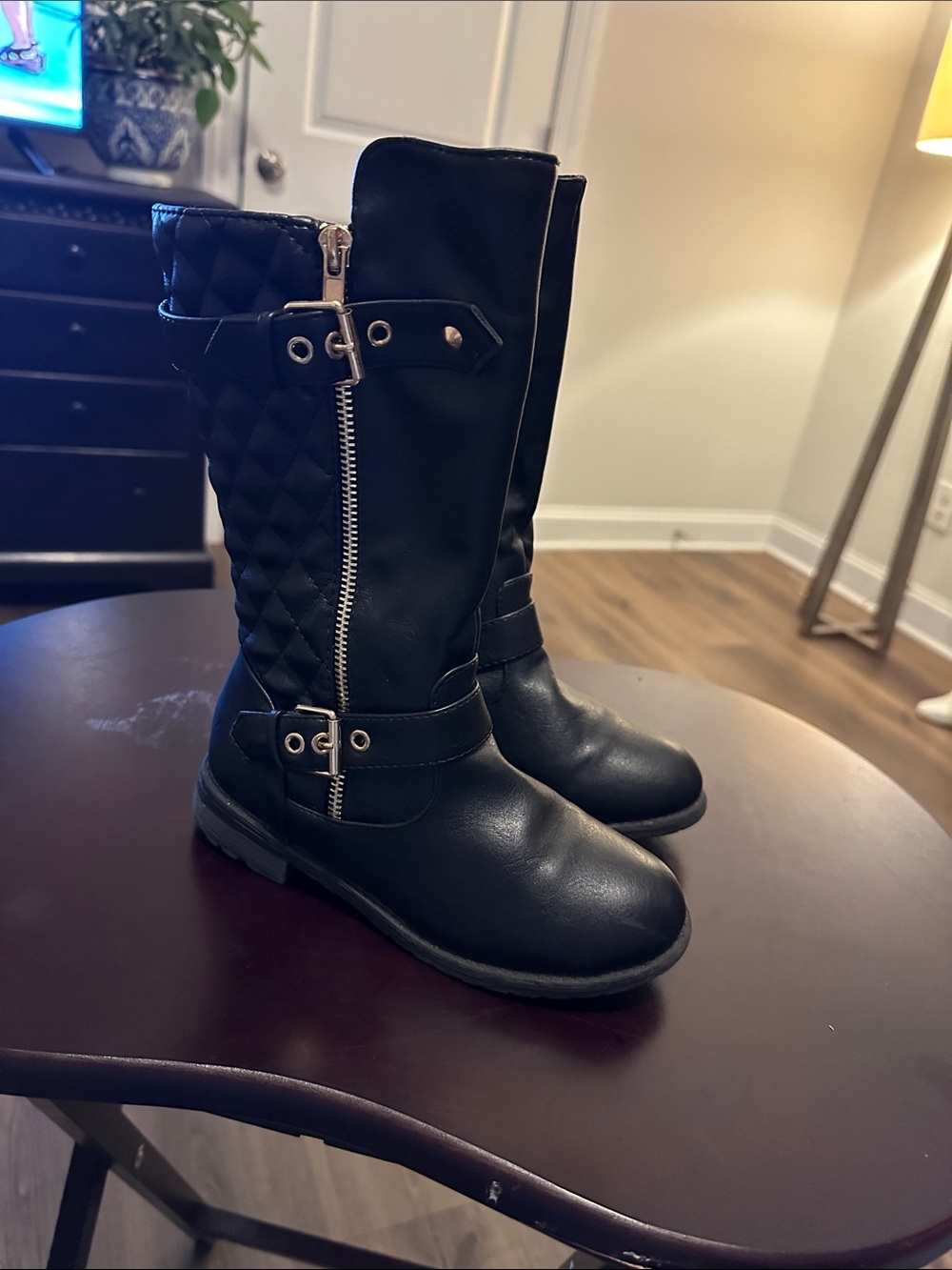 Link Black Quilted Mid-Calf Kids Boots with Buckle & Side Zip